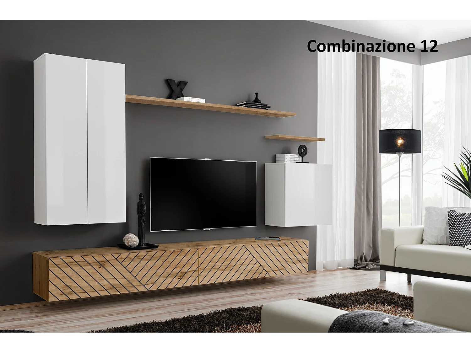 Parete attrezzata sospesa design moderno PAP46 270x160 bianco e rovere