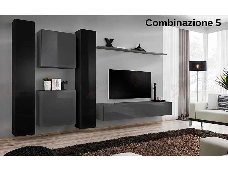 Parete attrezzata moderna sospesa330x180 nero e grigio PAP50
