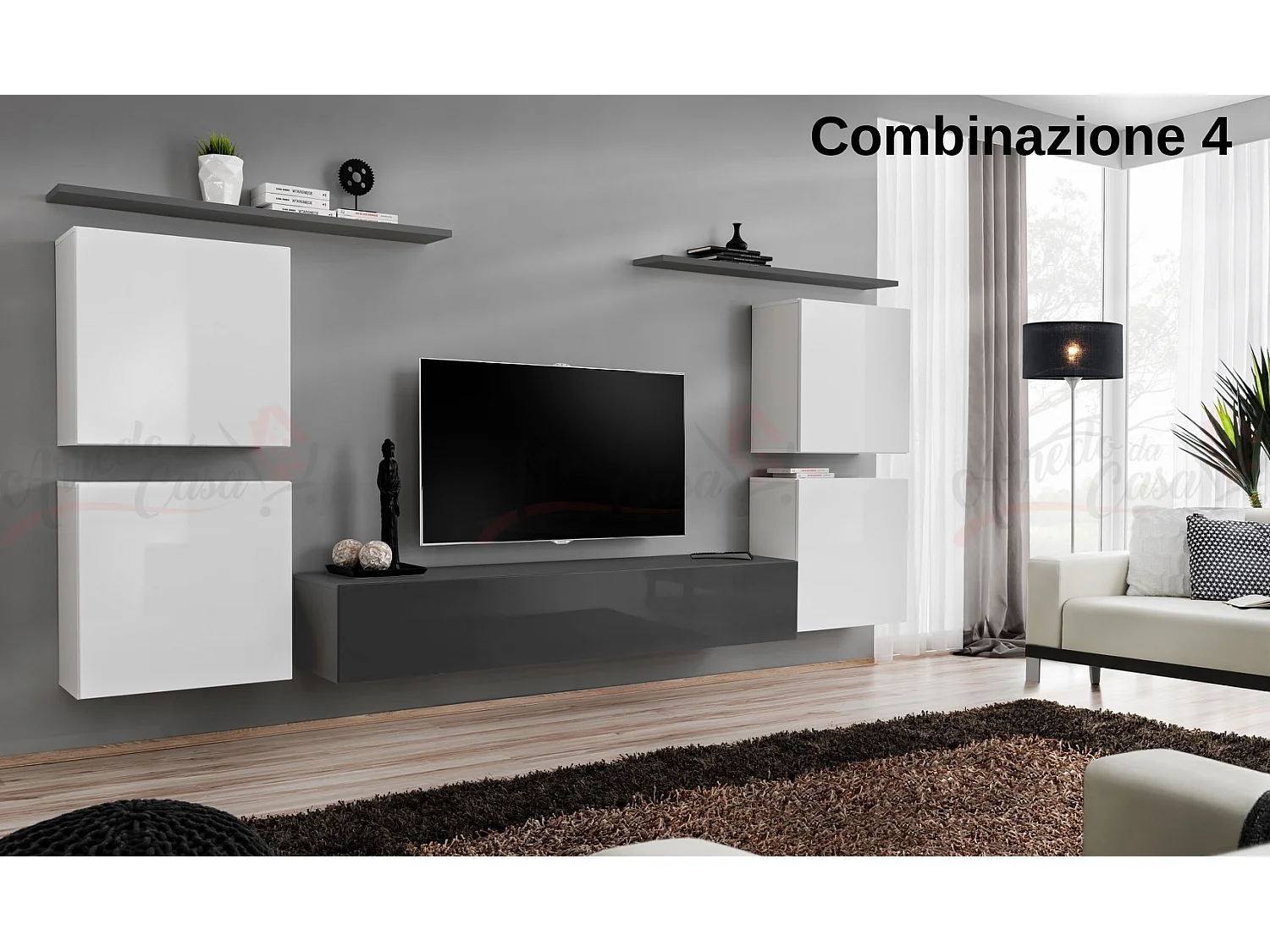 Parete attrezzata sospesa stile moderno PAP48 320x150 bianco e grigio