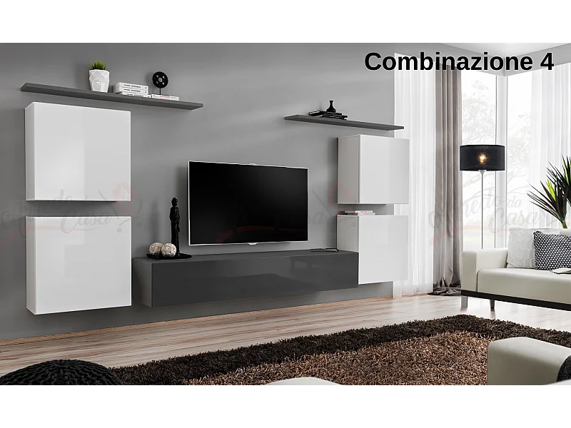Parete attrezzata sospesa stile moderno PAP48 320x150 bianco e grigio