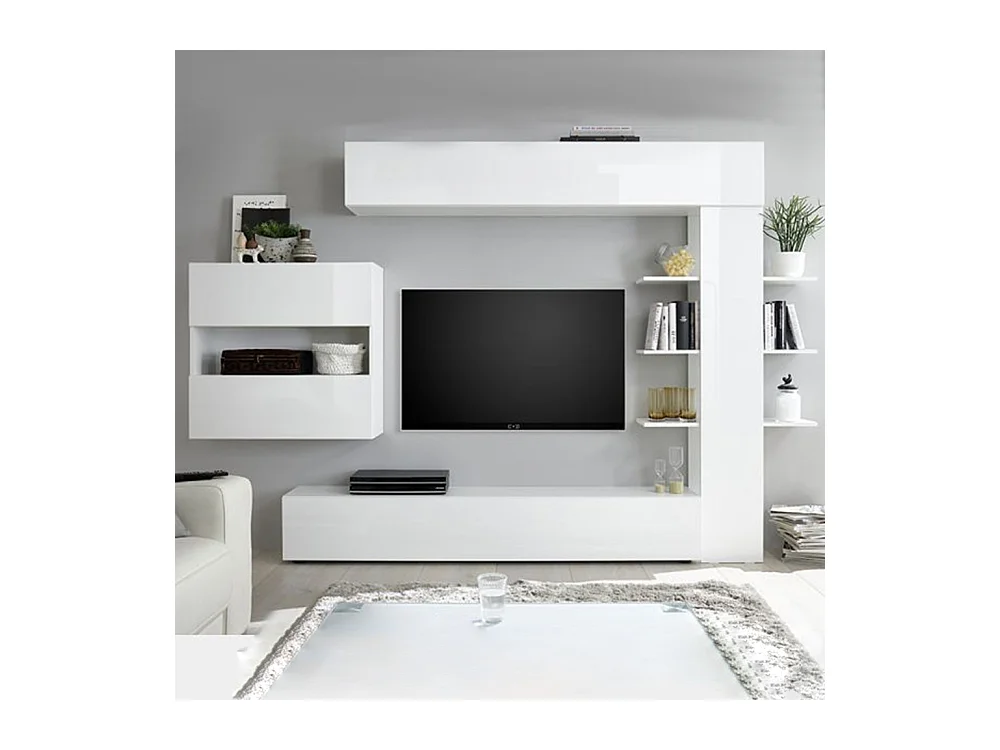 Parete attrezzata moderna a terra con libreria e pensile sospeso 295x187 PAL5 bianco lucido
