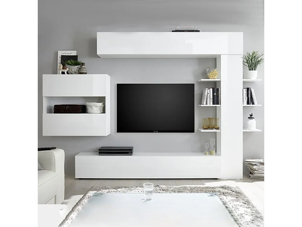 Parete attrezzata moderna a terra con libreria e pensile sospeso 295x187 PAL5 bianco lucido