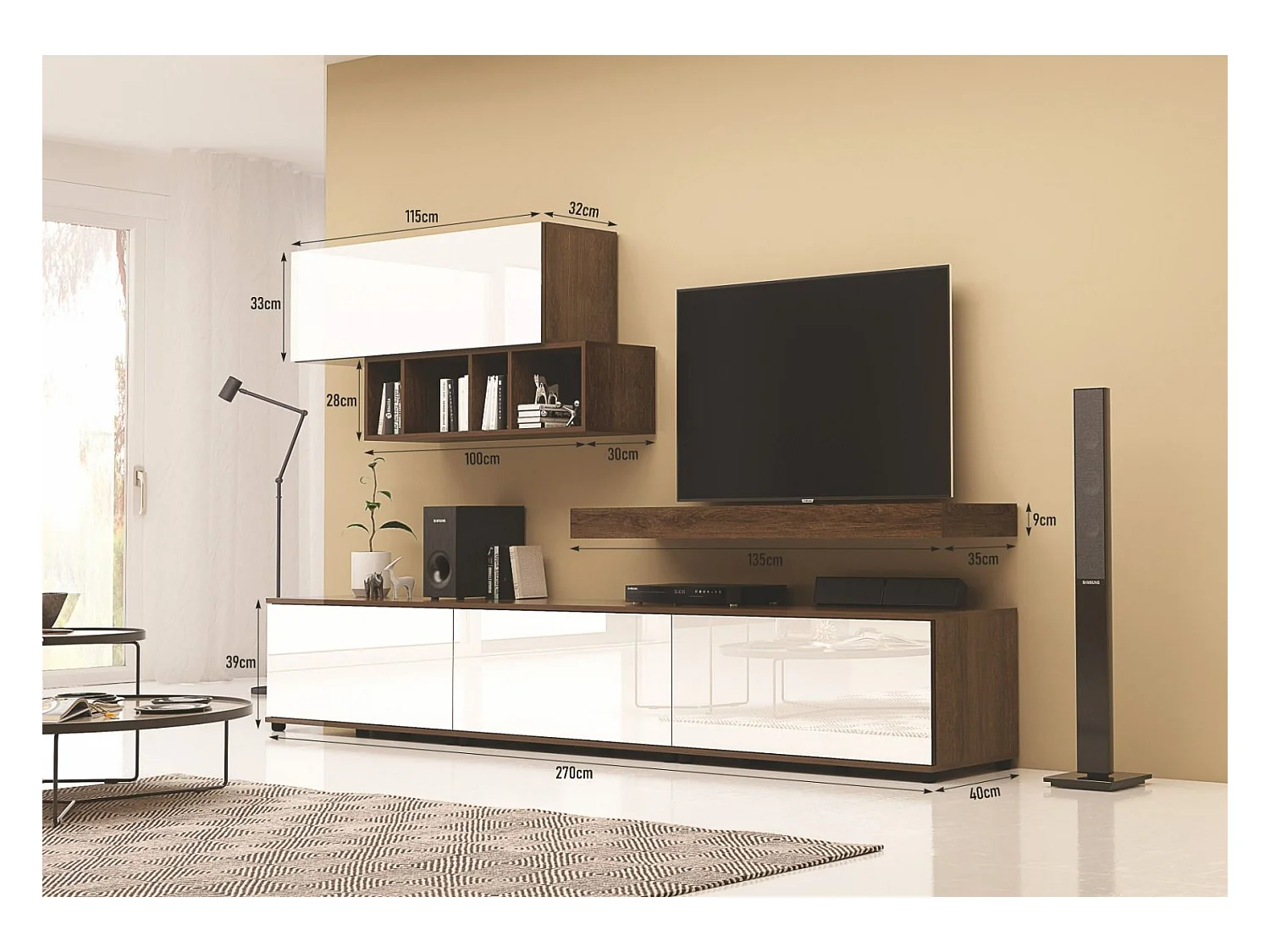 Parete attrezzata moderna noce scuro/bianco lucido SG33