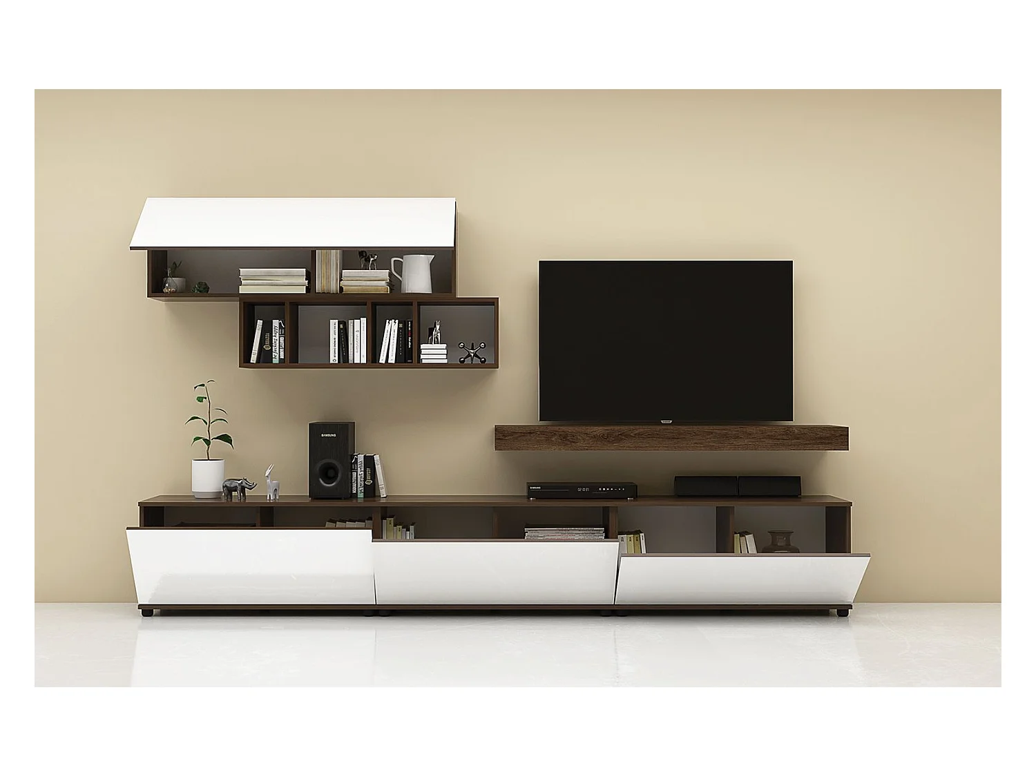 Parete attrezzata moderna noce scuro/bianco lucido SG33