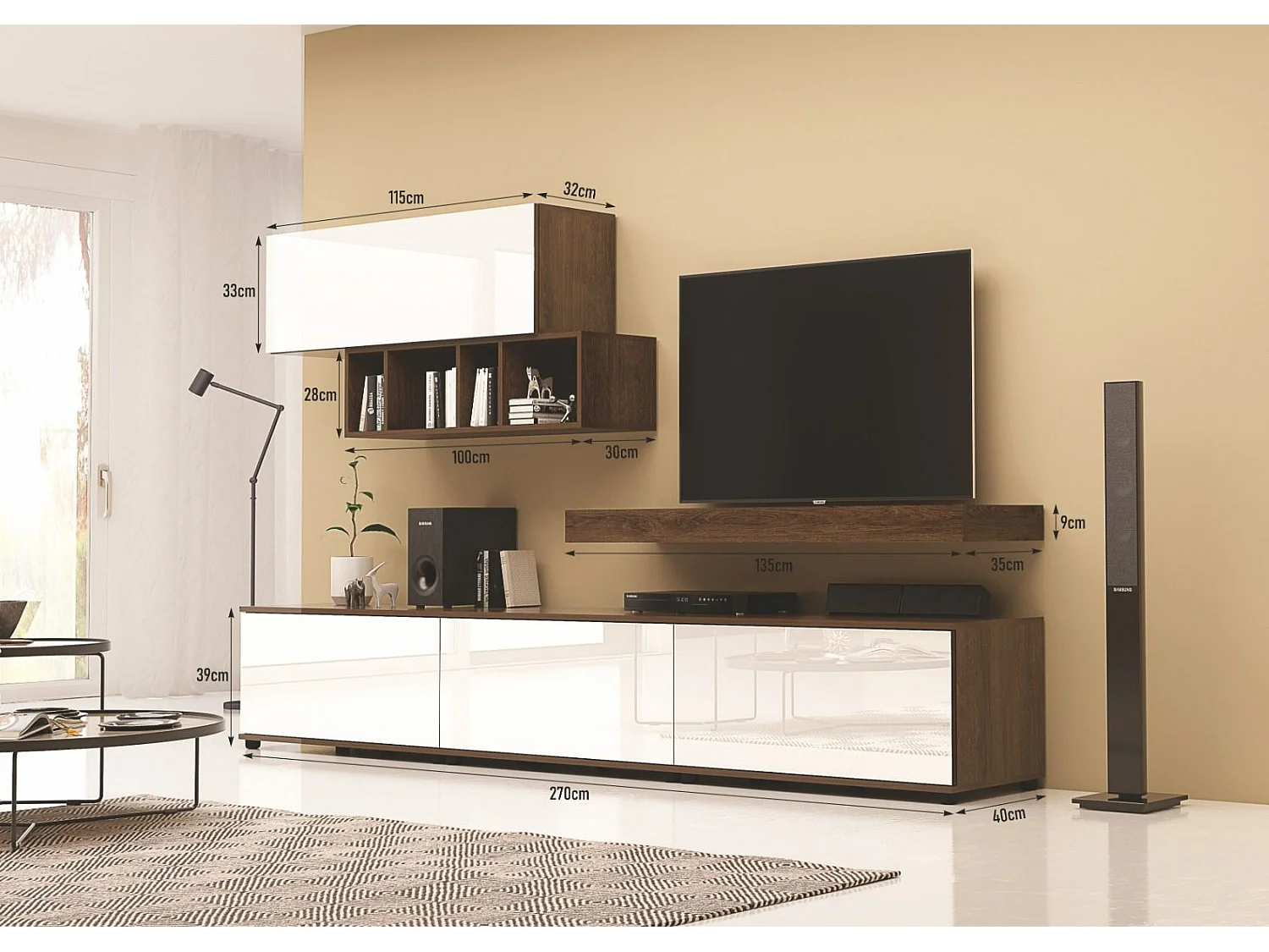 Parete attrezzata moderna noce scuro/bianco lucido SG33