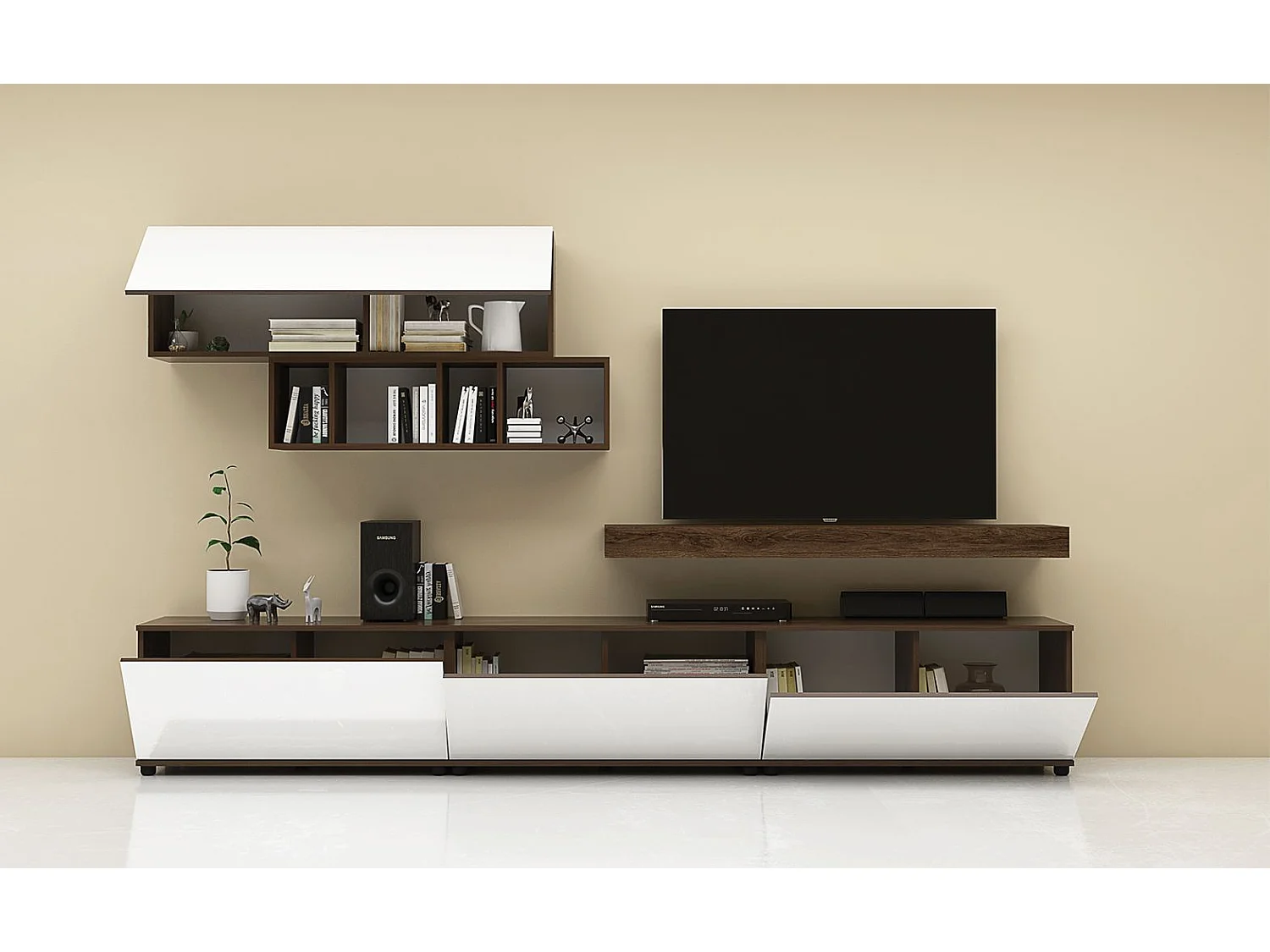 Parete attrezzata moderna noce scuro/bianco lucido SG33