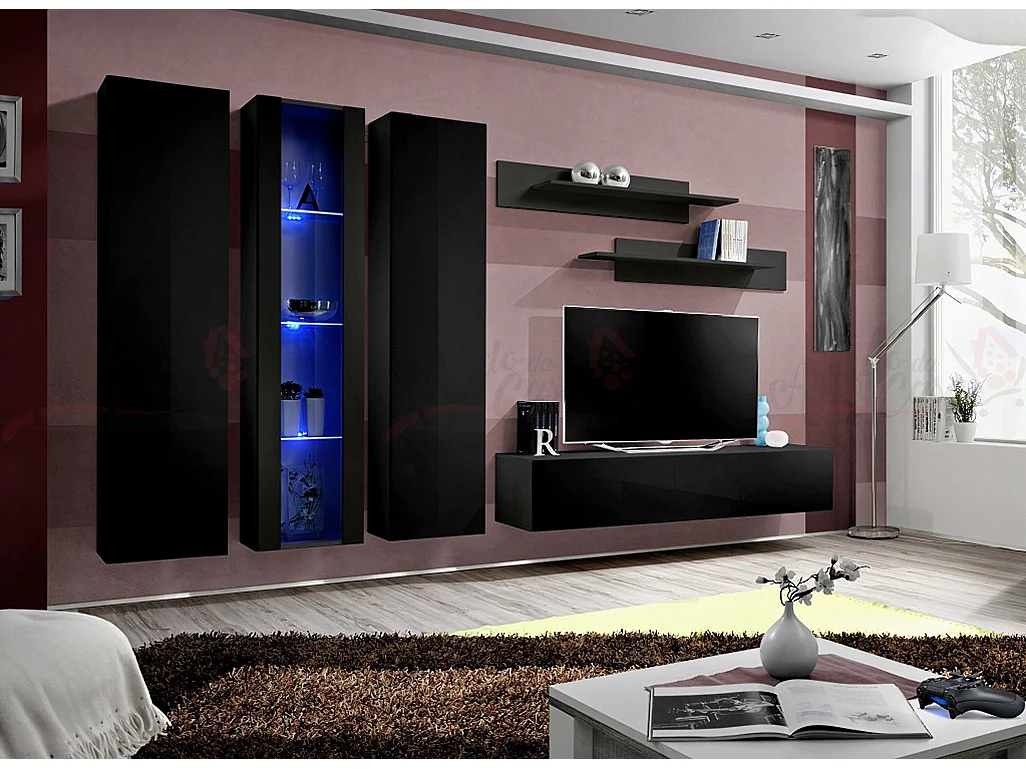 Parete attrezzata per soggiorno stile moderno 310x170 nero PAP89