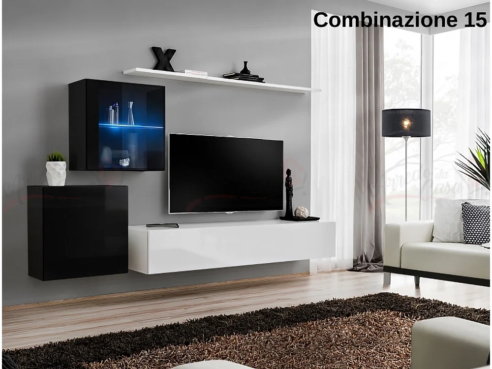 Parete attrezzata design moderno con vetrina illuminata PAP59 250x150 nero e bianco