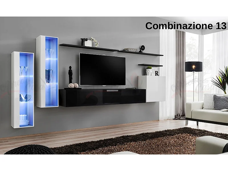 Parete attrezzata per soggiorno stile moderno PAP55 330x160 bianco e nero