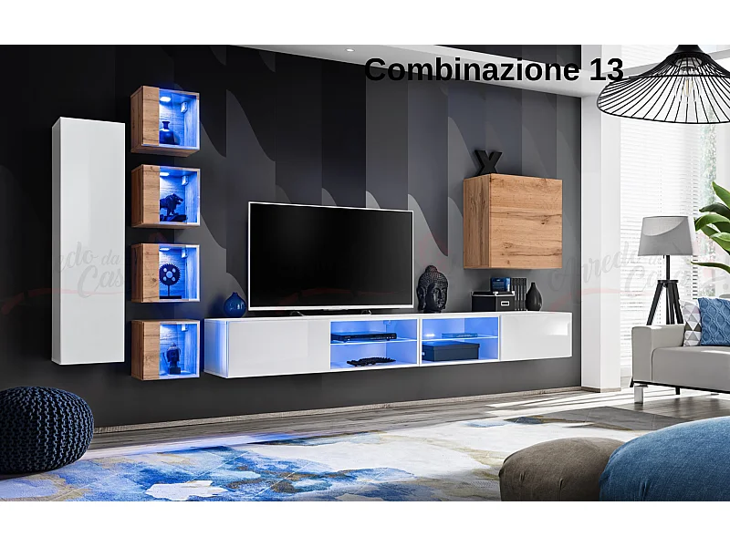 Parete attrezzata soggiorno con vetrinette e led 320x150 bianco e rovere PAP72
