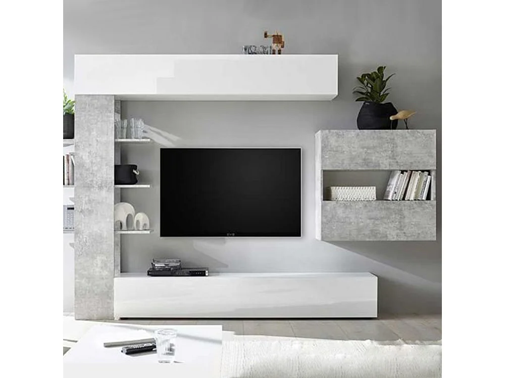 Parete attrezzata moderna a terra con libreria e pensile sospeso 295x187 PAL5 bianco e cemento