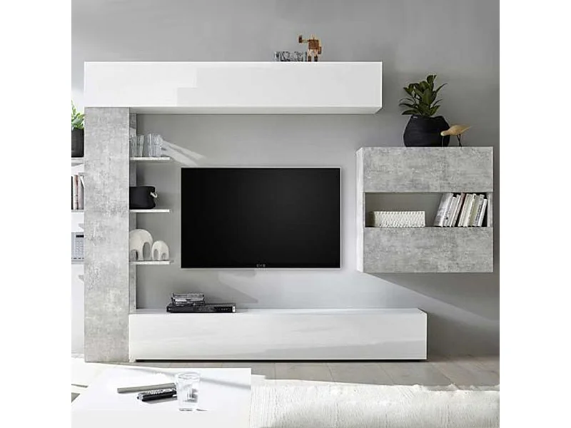 Parete attrezzata moderna a terra con libreria e pensile sospeso 295x187 PAL5 bianco e cemento