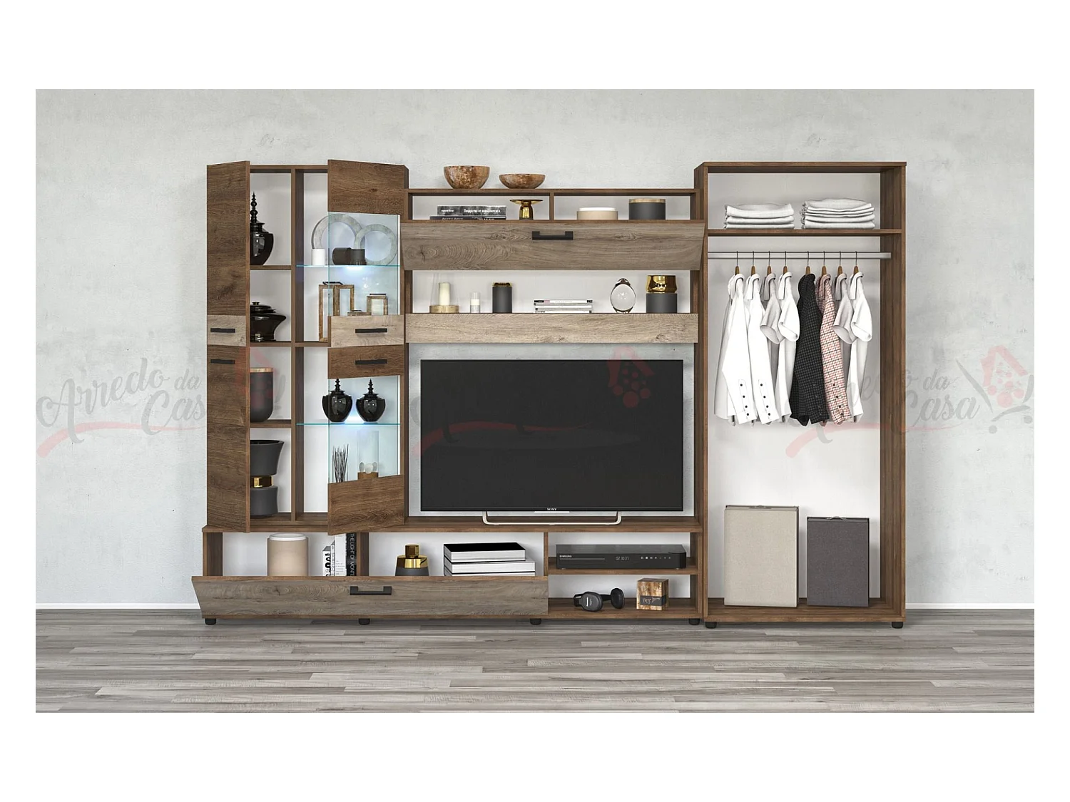 Parete attrezzata moderna con led rovere marrone/rovere sbiancato SG2