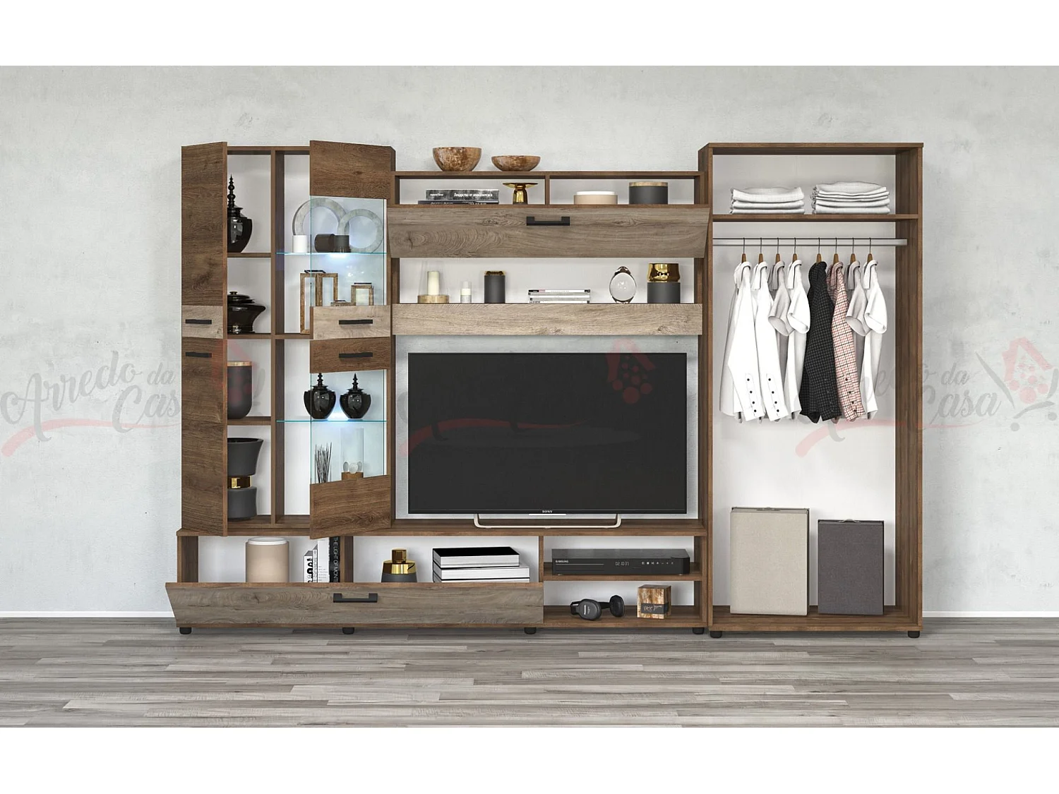 Parete attrezzata moderna con led rovere marrone/rovere sbiancato SG2