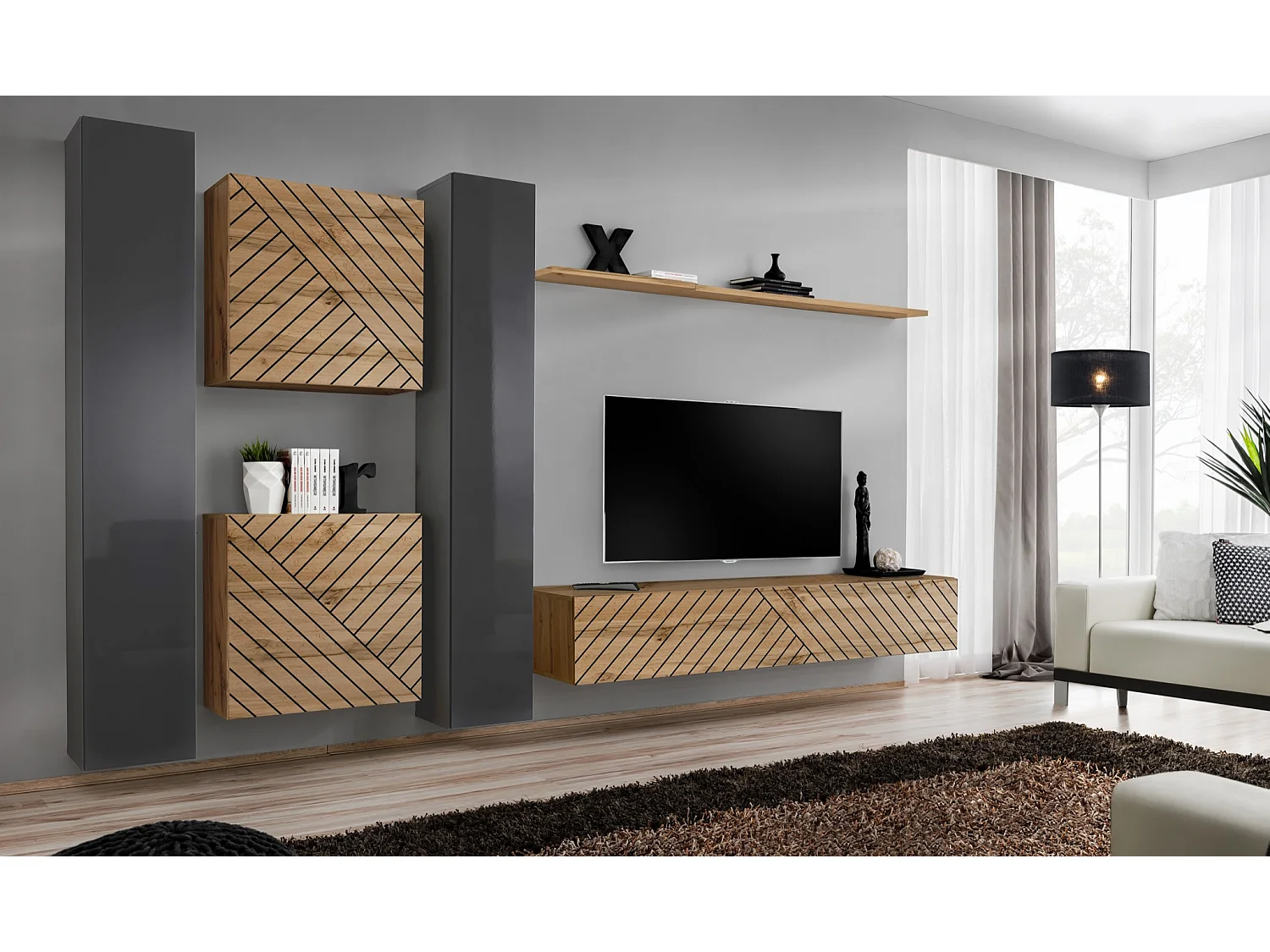 Parete attrezzata moderna sospesa PAP50 330x180 grigio e rovere