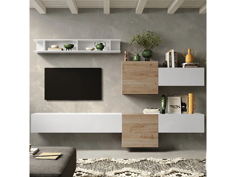 Parete attrezzata sospesa 262x185 cm bianco lucido e rovere PAL30