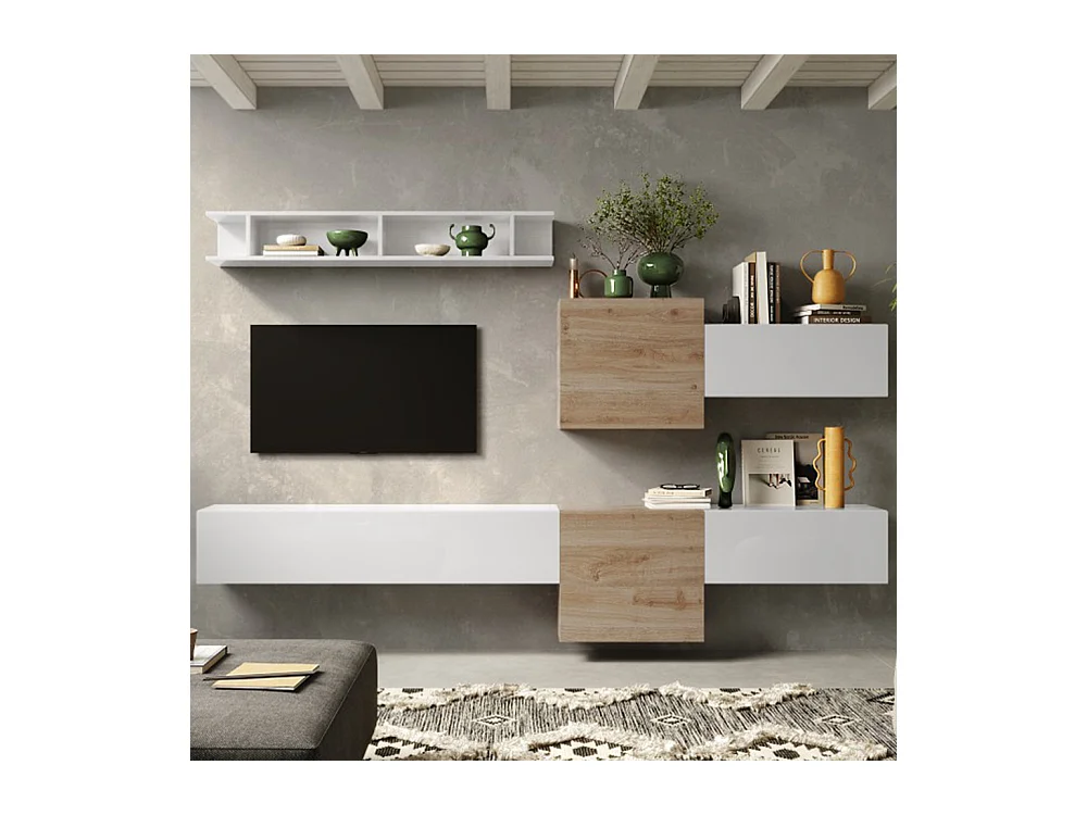 Parete attrezzata sospesa 262x185 cm bianco lucido e rovere PAL30