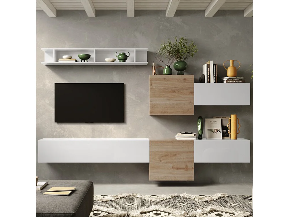 Parete attrezzata sospesa 262x185 cm bianco lucido e rovere PAL30