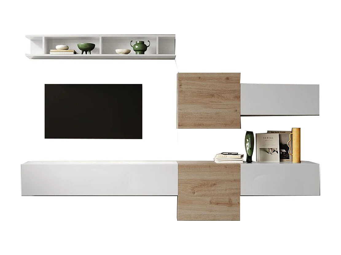 Parete attrezzata sospesa 262x185 cm bianco lucido e rovere PAL30