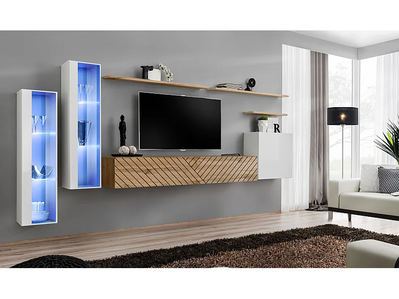 Parete attrezzata per soggiorno stile moderno PAP55 330x160 bianco e rovere