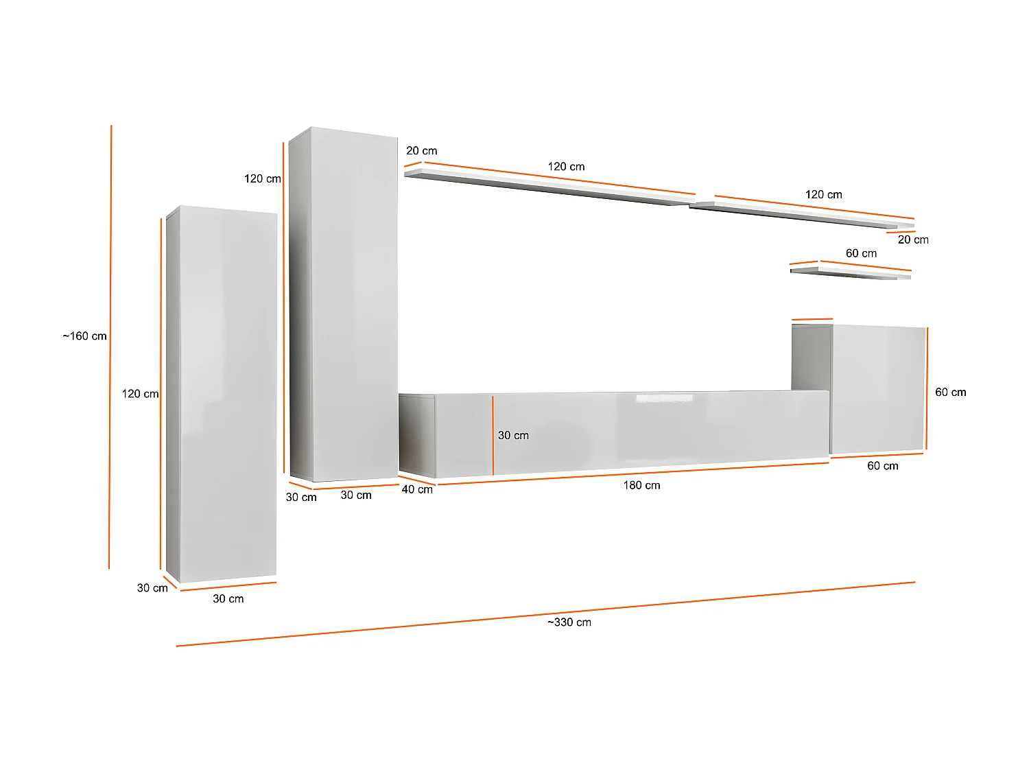 Parete attrezzata moderna sospesa PAP45 330x160 grigio
