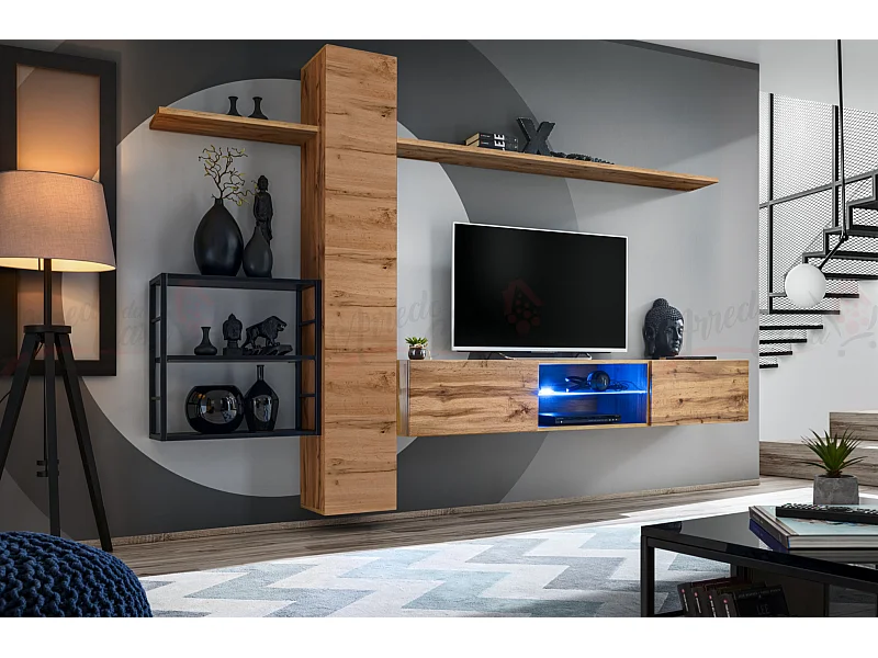 Parete attrezzata soggiorno con illuminazione led 180x270 rovere PAP77