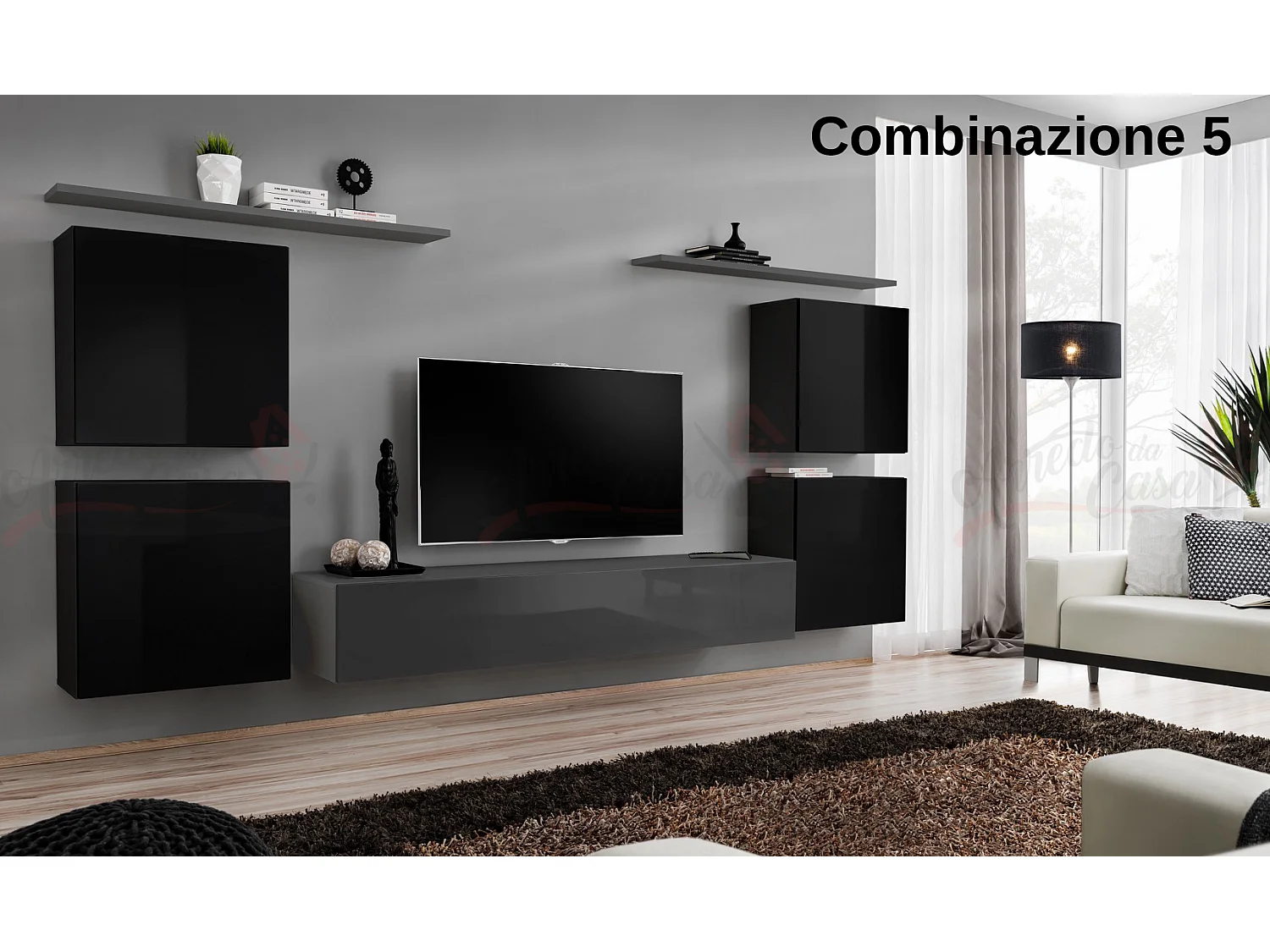 Parete attrezzata sospesa stile moderno 320x150 nero e grigio PAP48