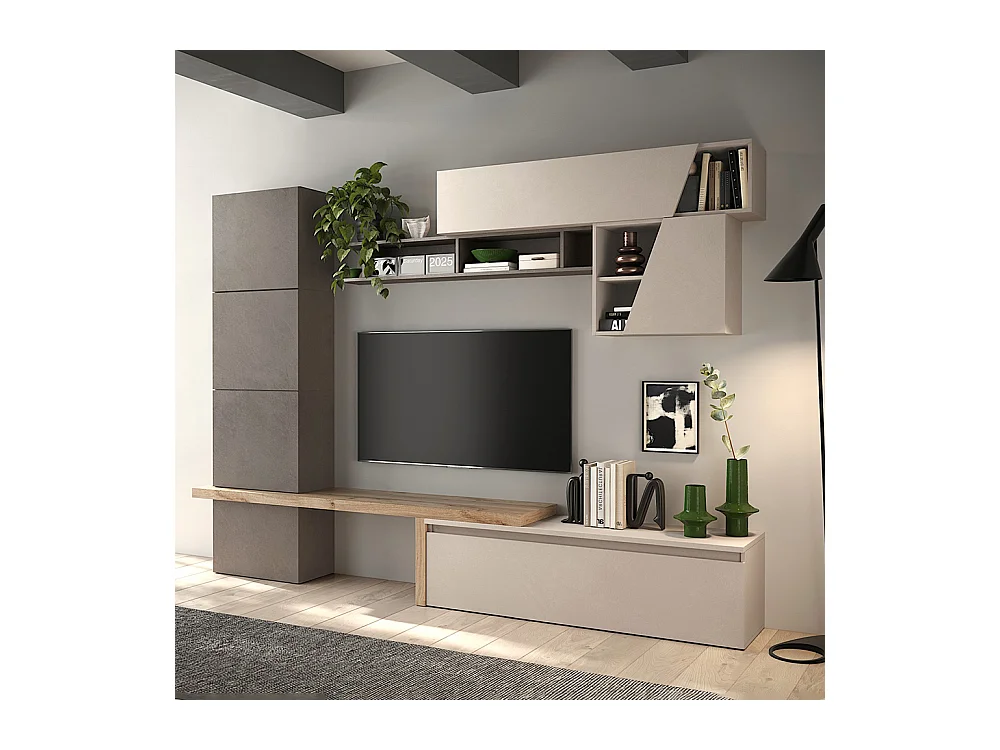 Parete attrezzata soggiorno 280x202 cm bronzo, rovere e beige PAL63