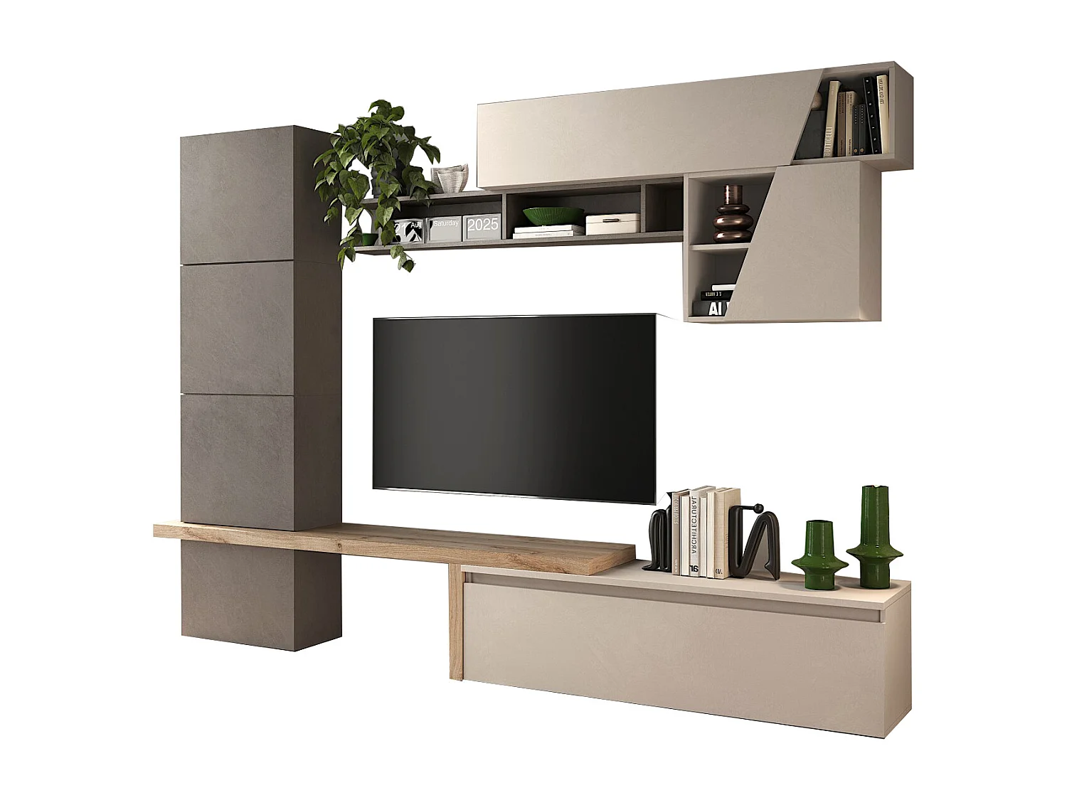 Parete attrezzata soggiorno 280x202 cm bronzo, rovere e beige PAL63