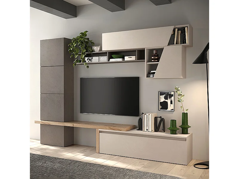 Parete attrezzata soggiorno 280x202 cm bronzo, rovere e beige PAL63