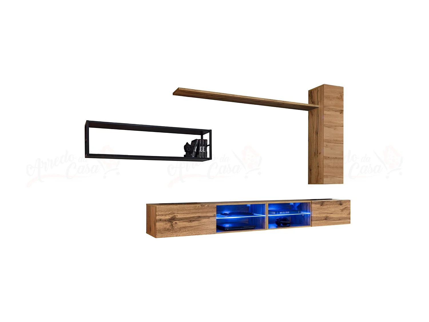 Parete attrezzata da soggiorno con luci led 300x170 rovere PAP76