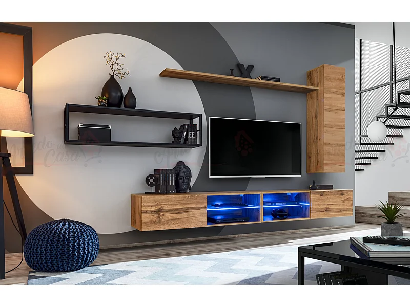 Parete attrezzata da soggiorno con luci led 300x170 rovere PAP76