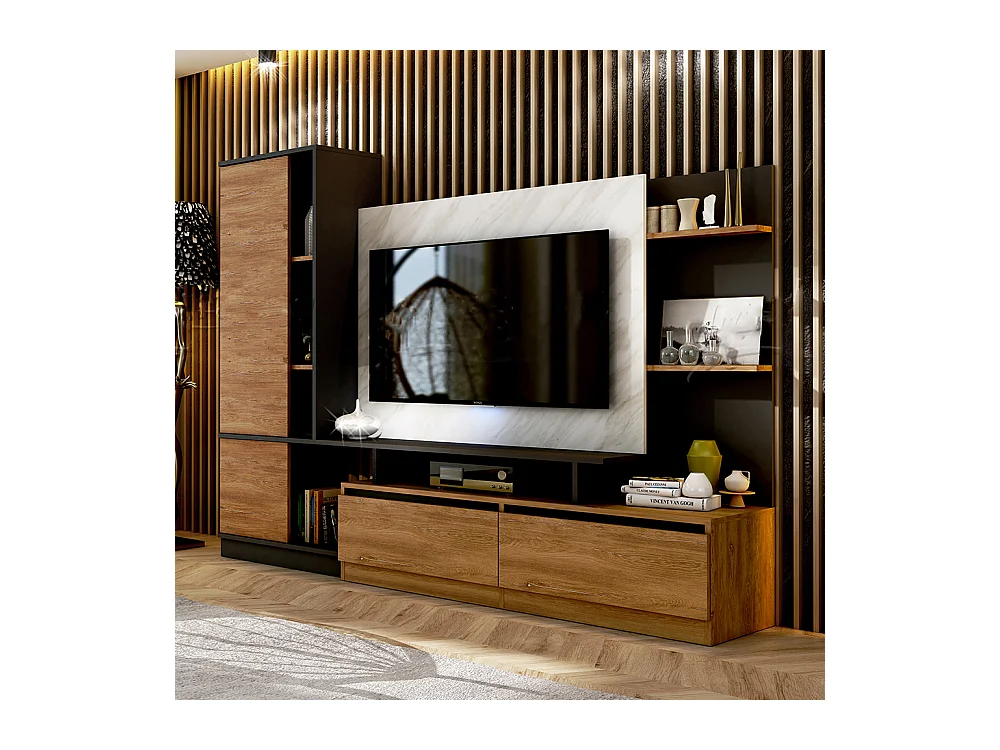 Parete attrezzata 240x185 cm nero quercia e marmo SU40