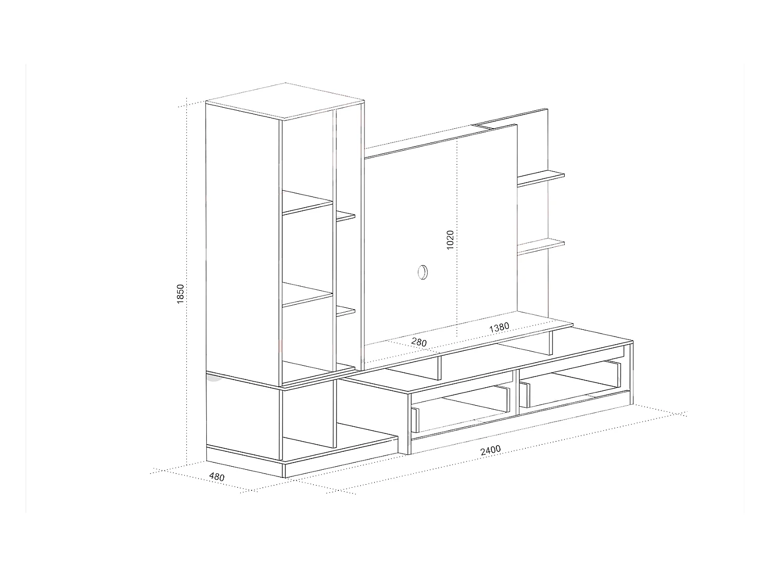 Parete attrezzata 240x185 cm nero quercia e marmo SU40