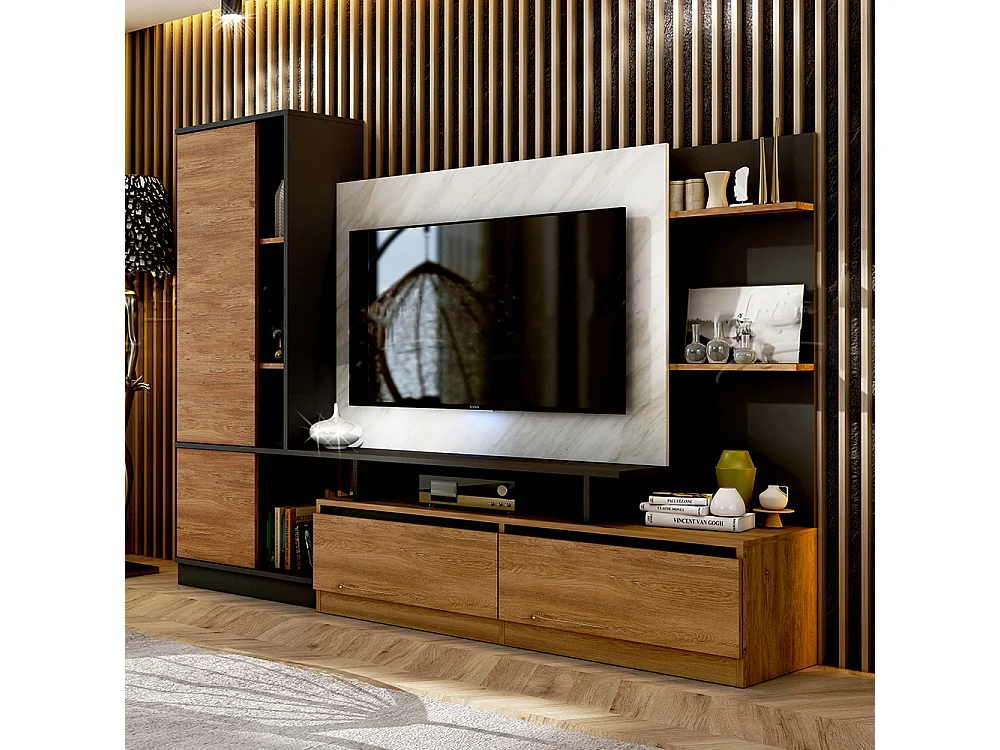 Parete attrezzata 240x185 cm nero quercia e marmo SU40