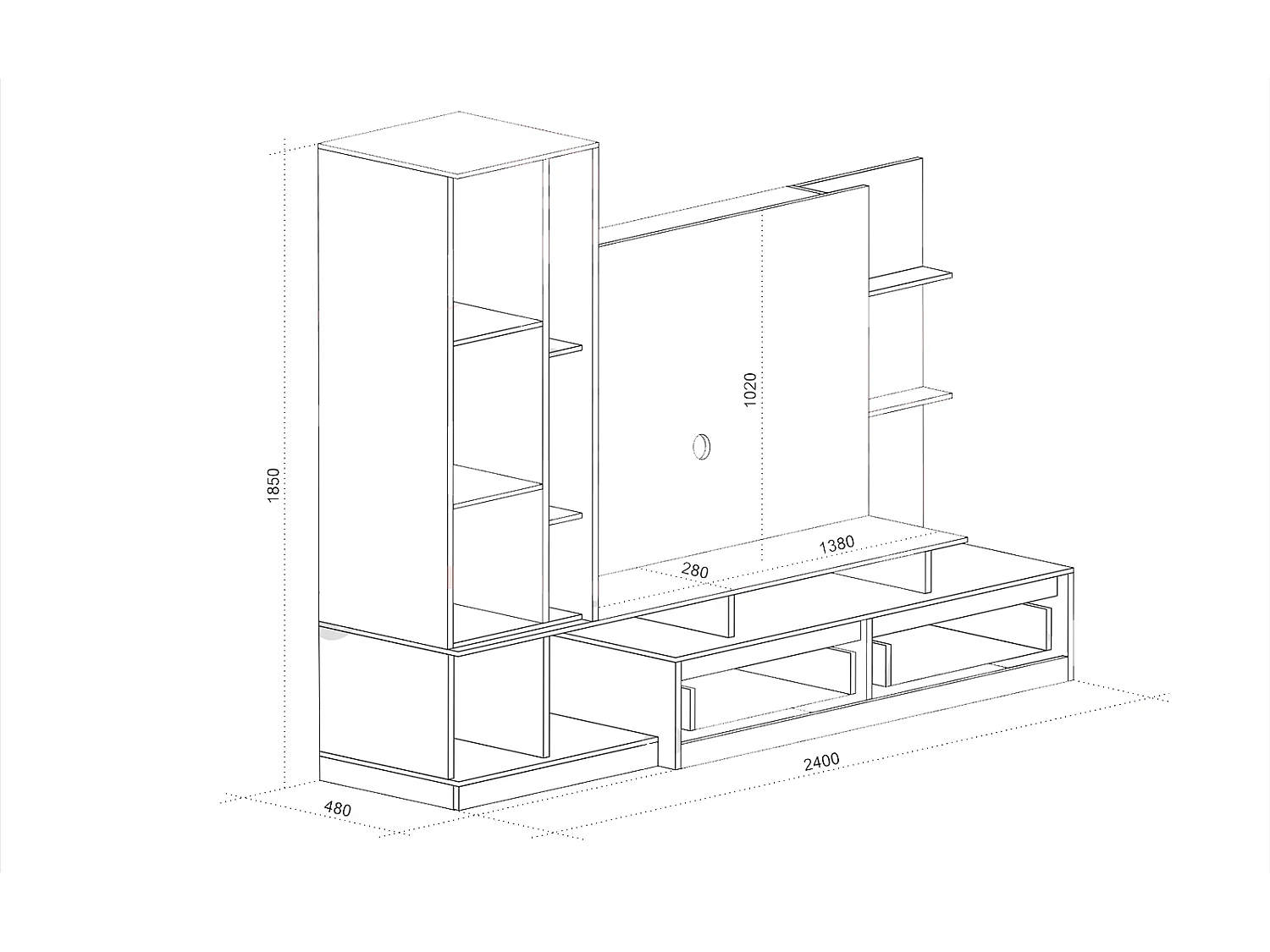 Parete attrezzata 240x185 cm nero quercia e marmo SU40