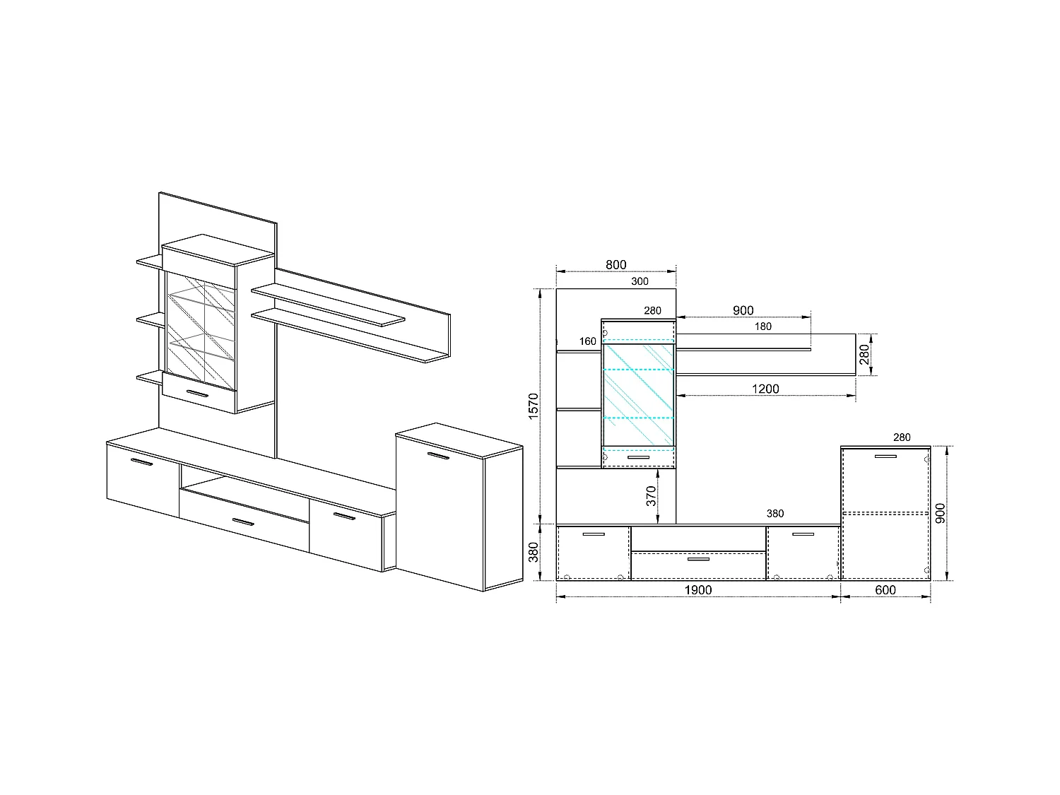Parete attrezzata effetto legno con vetrina PAI6005 250x196 rovere e wenge