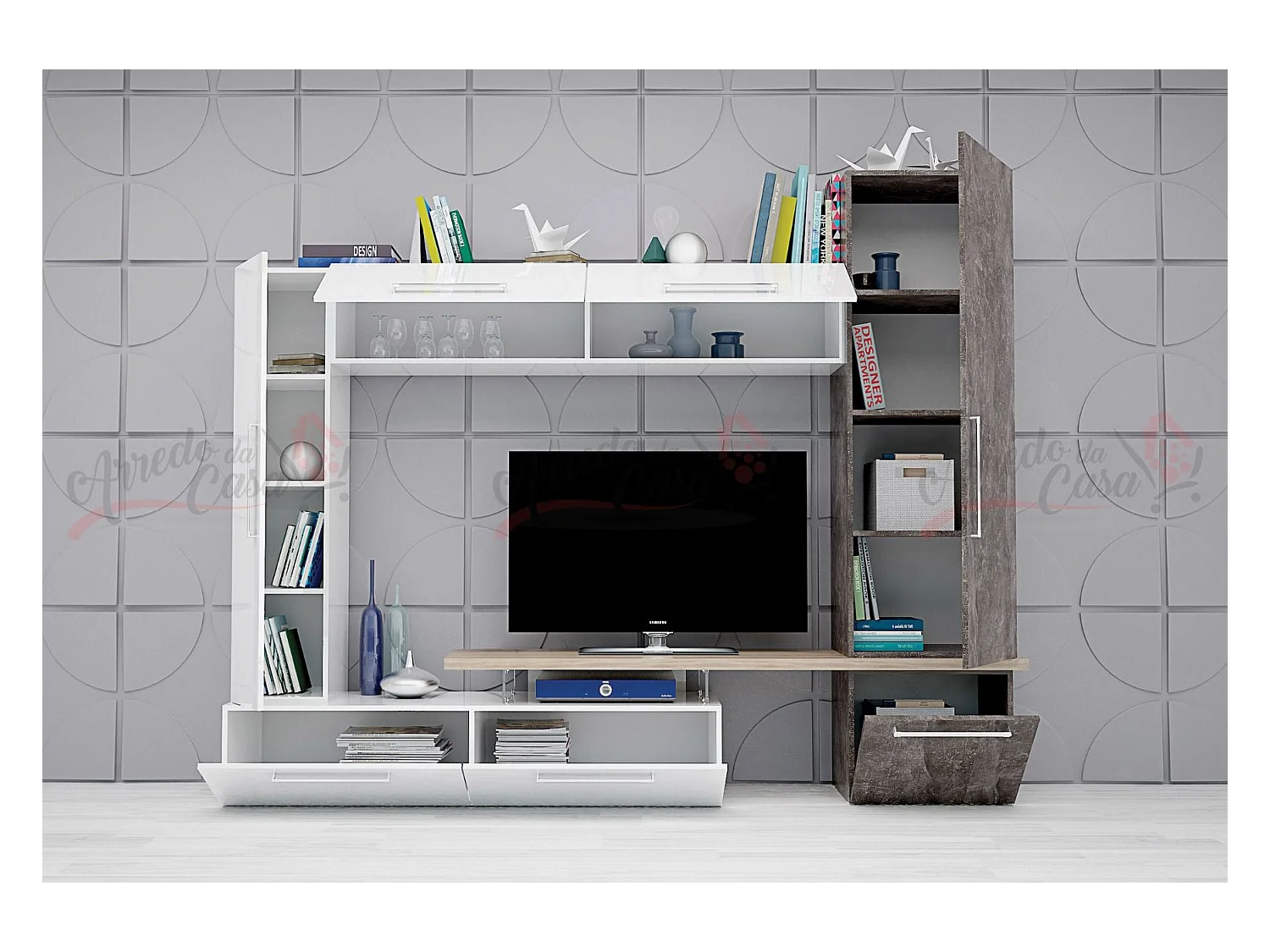 Parete attrezzata bianca, rovere e grigio SG20