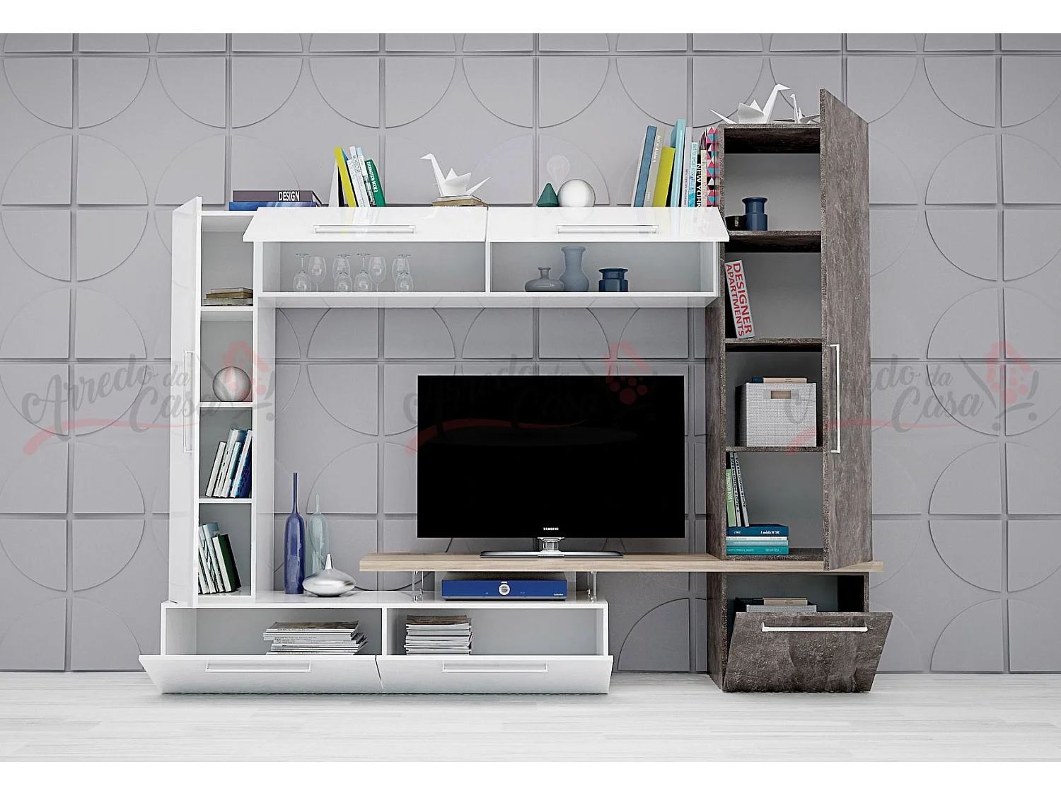 Parete attrezzata bianca, rovere e grigio SG20