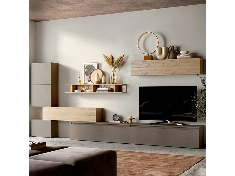Parete attrezzata componibile 375x170 cm argilla, bronzo e rovere PAL44