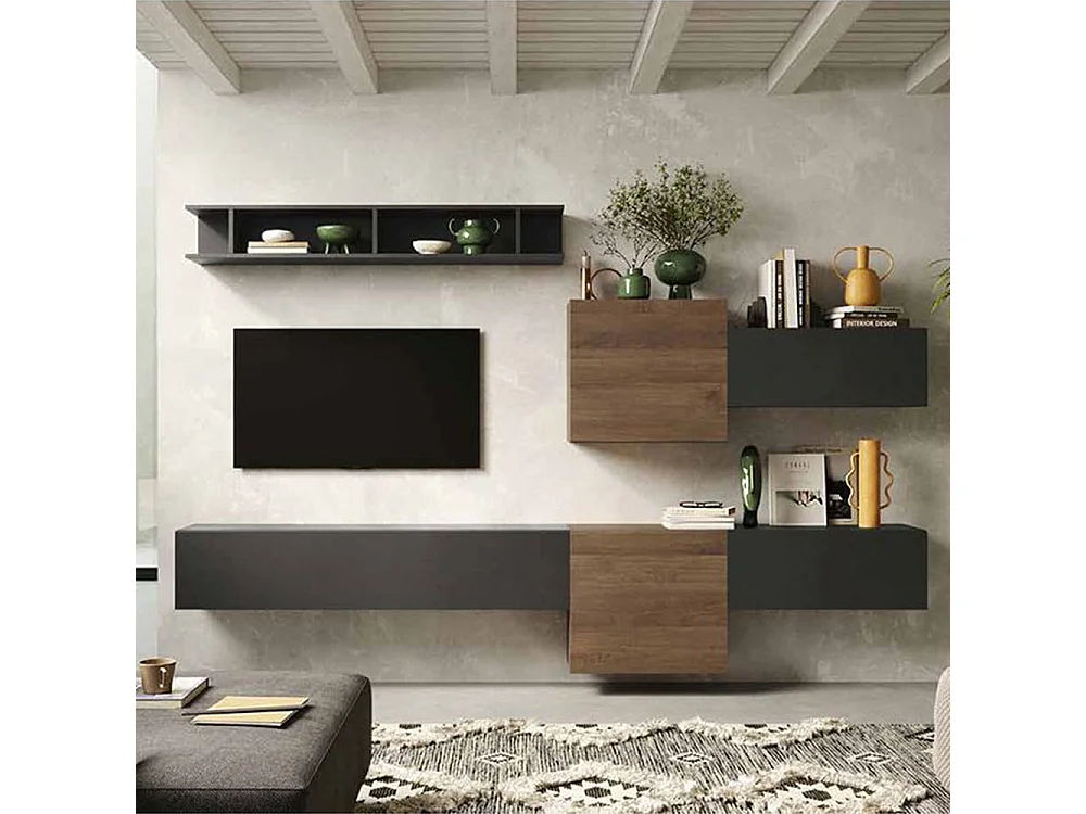 Parete attrezzata sospesa 262x185 cm bronzo e noce PAL30