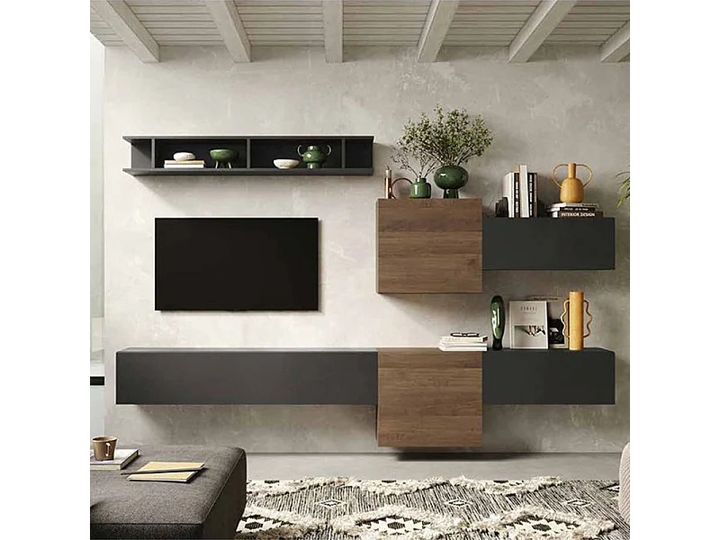 Parete attrezzata sospesa 262x185 cm bronzo e noce PAL30