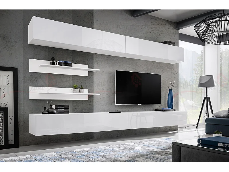 Parete attrezzata soggiorno moderna con pensili orizzontali 320x180 PAP102 bianco