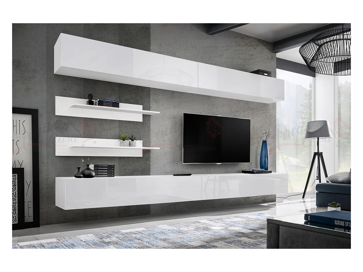 Parete attrezzata soggiorno moderna con pensili orizzontali 320x180 PAP102 bianco