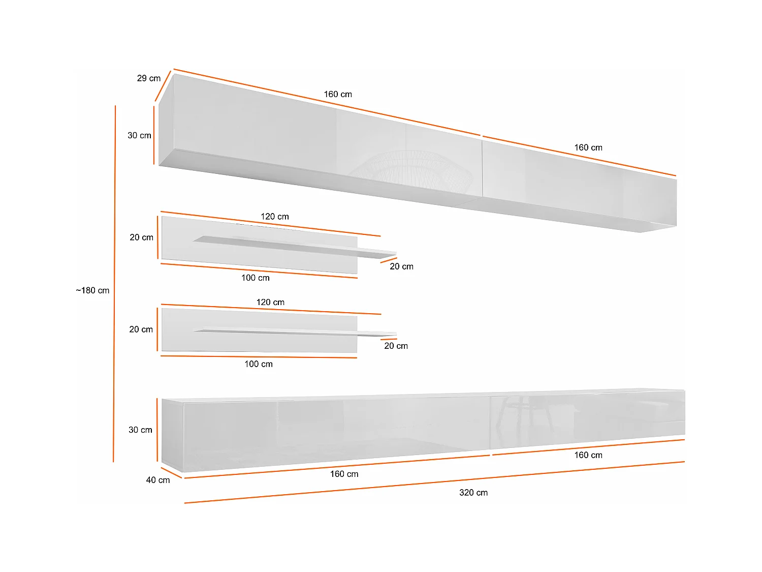 Parete attrezzata soggiorno moderna con pensili orizzontali 320x180 PAP102 bianco