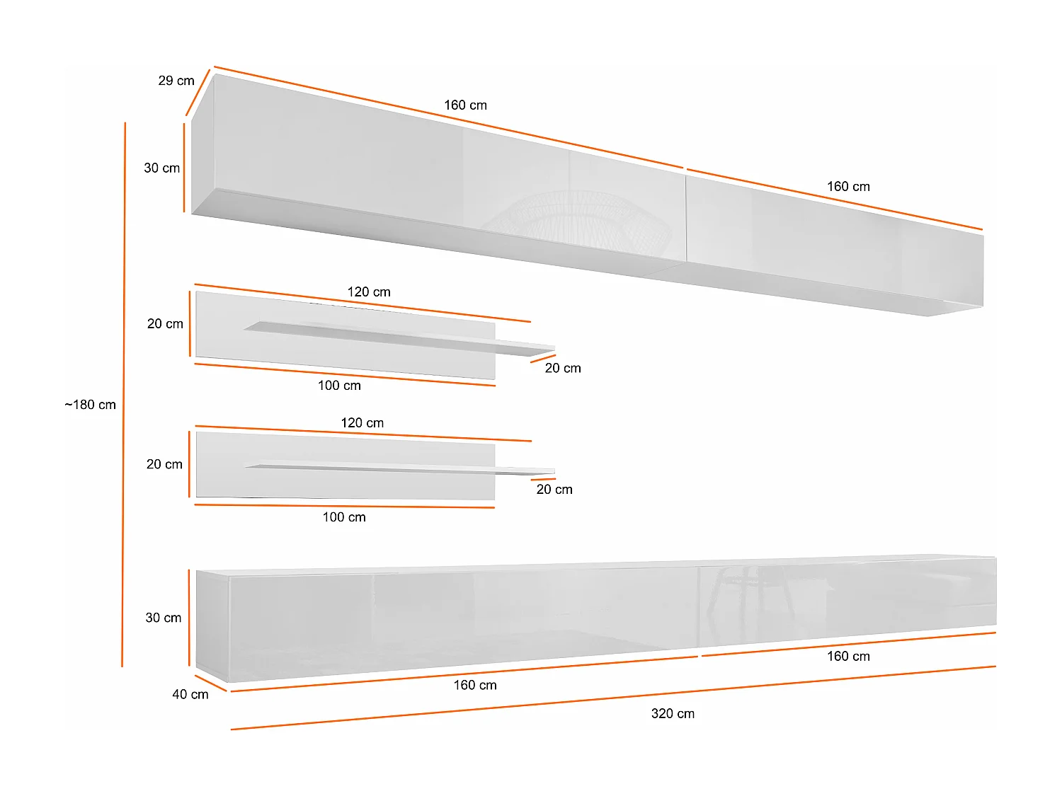 Parete attrezzata soggiorno moderna con pensili orizzontali 320x180 PAP102 bianco