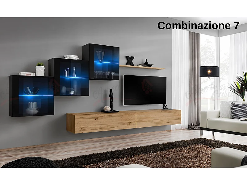 Parete attrezzata sospesa design contemporaneo con led 330x160 nero e rovere PAP65