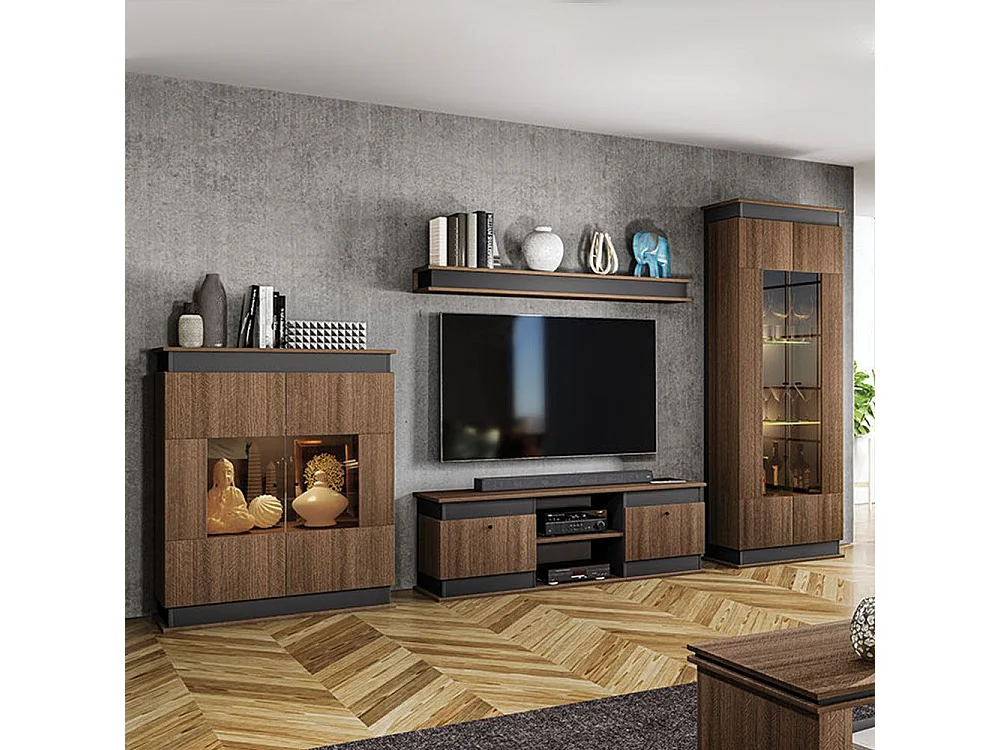 parete attrezzata completa design moderno con vetrine e mobile TV PAI34 138x111 noce e antracite