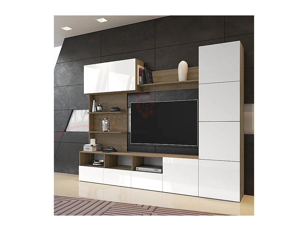 Parete attrezzata da soggiorno design moderno SILB 230x184 bianco laccato e rovere scuro