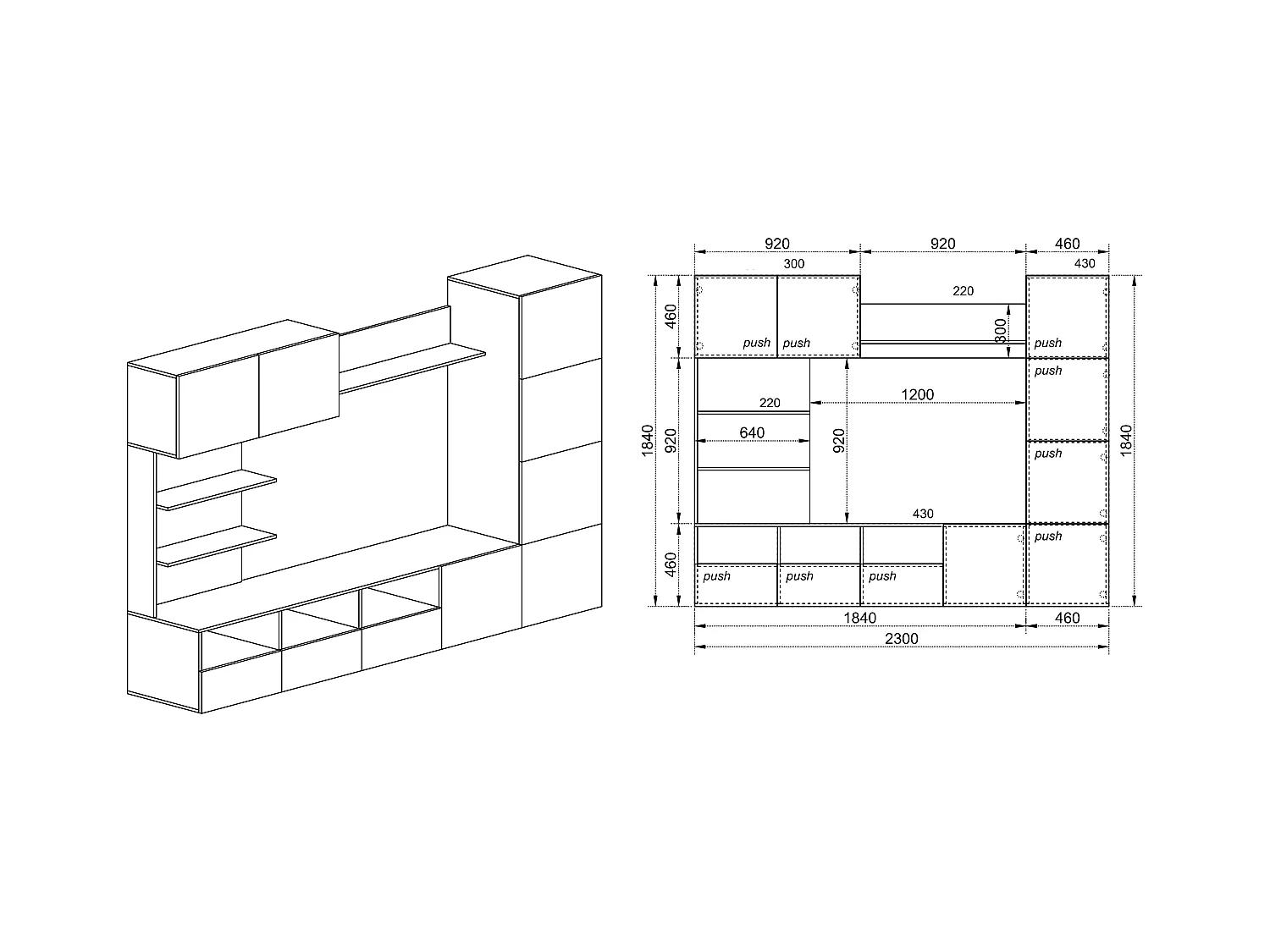 Parete attrezzata da soggiorno design moderno SILB 230x184 bianco laccato e rovere scuro